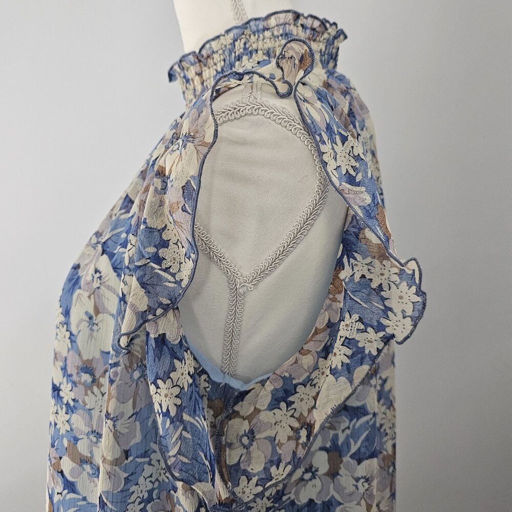 MELLODAY blue BLOUSE top FLORAL lined SMOCKED ruffles BLOUSE - Picture 5 of 12